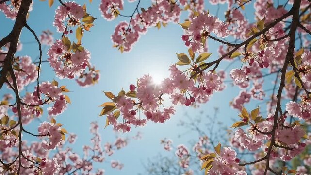 Pink cherry blossoms blooming against blue sky with bright sun backlig