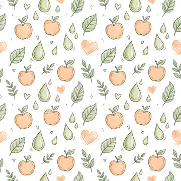 Seamless hand drawn apple pattern with leaves and water drops illustration