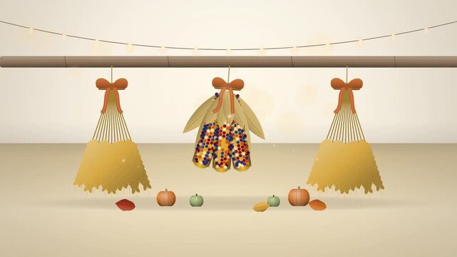 Thanksgiving hanging corn and wheat sheaves with ribbons on cream