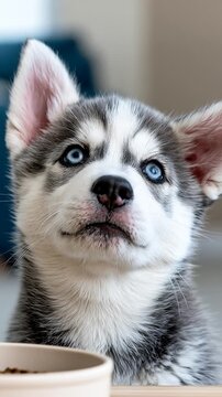Husky puppy with blue eyes howling beside an empty treat dish at home