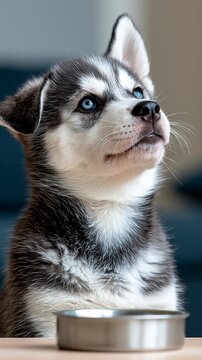 Husky puppy with blue eyes howling beside an empty treat dish at home