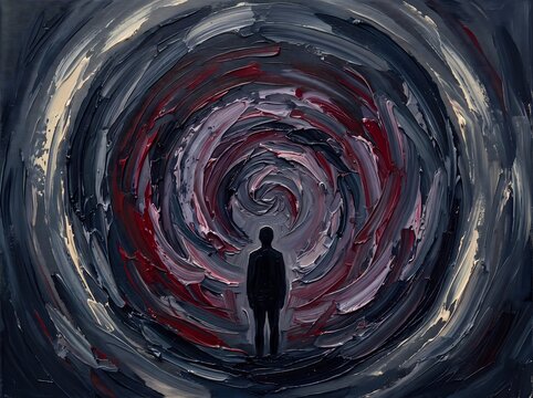 Conceptual oil painting of a silhouette facing a dark swirling vortex