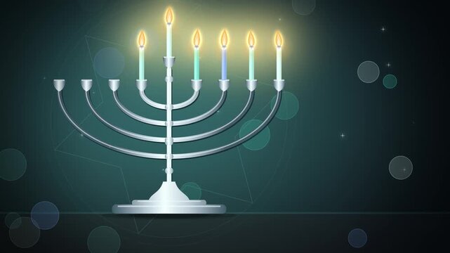 Hanukkah menorah lighting candles on dark teal with copy space