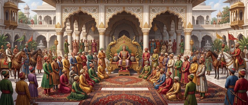 Emperor seated on ornate golden throne inside grand marble palace courtyard with courtiers