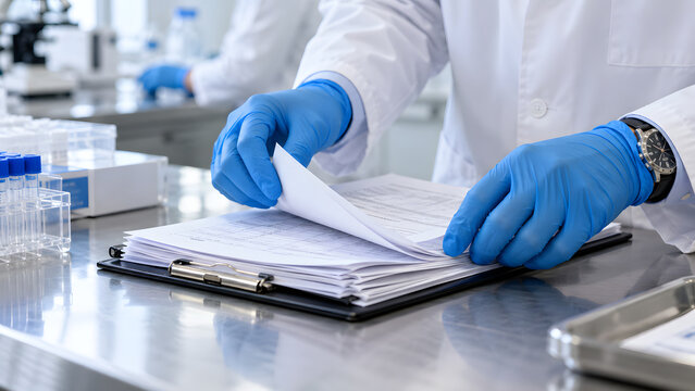 Close up of scientist hands in blue gloves flipping through documents on clipboard in laboratory, quality control and research documentation