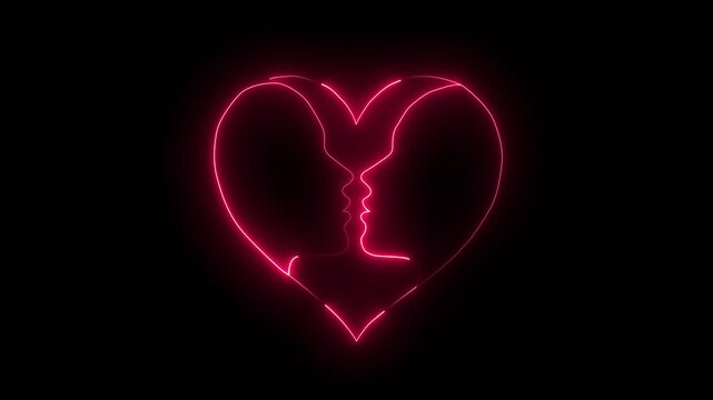 Neon heart shape with kissing couple silhouettes romantic love concept animation romance