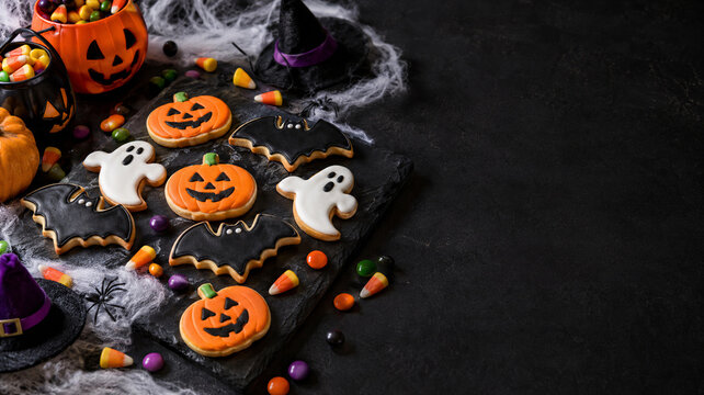 Decorated Halloween cookies with sweets and copy space on a dark table