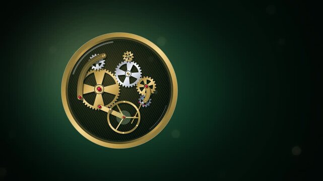 Luxury watch movement with turning gears in brass ring on dark green