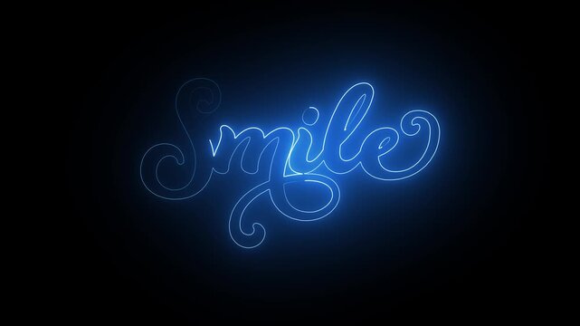 Glowing blue neon smile sign animation, cursive typography lettering on black background