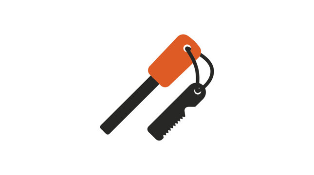 Orange and black ferro rod fire starter tool with striker isolated on white background, survival gear icon