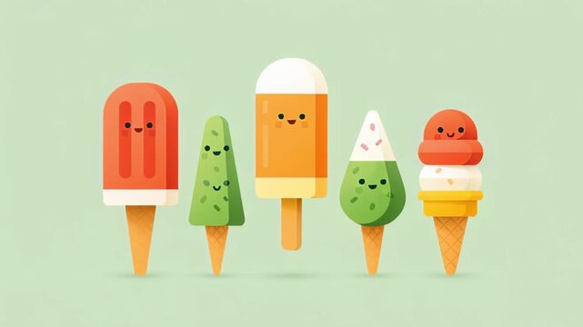 Five adorable cartoon ice cream and popsicle characters with smiling faces happily dancing together. This charming and colorful animation loop features a variety of frozen summer desserts