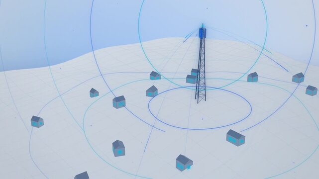 5G tower with pulsing rings over white terrain seamless loop