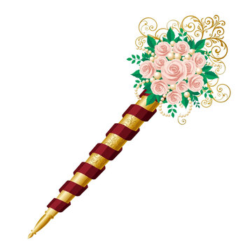 : Decorated nikah pen with rose bouquet topper and gold flourishes, South Asian wedding accessory isolated on
transparent background
