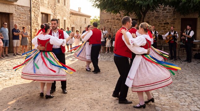 Folk Dancers in Embroidered Costumes Spinning at Village Fair