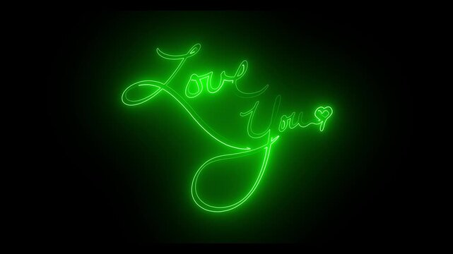 Glowing green neon "love you" script sign animation on black background, for romantic occasions