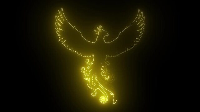 Glowing golden phoenix silhouette animation, mythical firebird rising, abstract neon light effect on black background, for fantasy motion