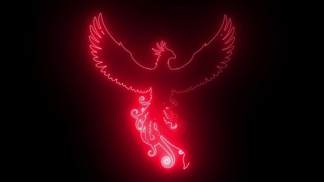 Glowing red neon phoenix bird rising, abstract mythical fire bird animation on black background