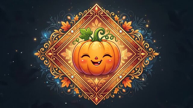 Cute cartoon pumpkin blinking inside a glowing golden autumn frame
