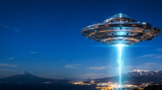 A detailed futuristic UFO spaceship hovering with a glowing blue beam above a scenic night city landscape and snow mountain.