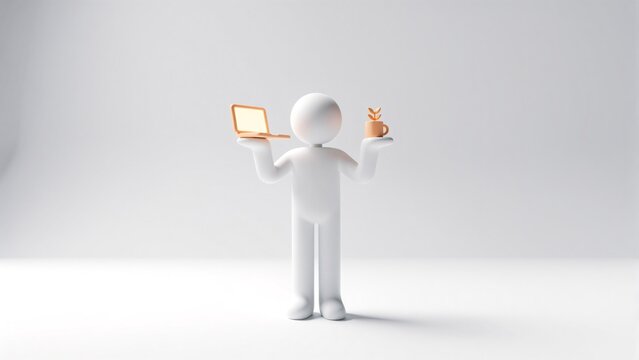 A white figure balancing a laptop and coffee cup on palms in a clean studio setting. representing work life balance and remote working concept.