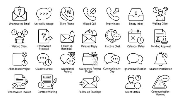 Line icons set depicting unresponsive client communication and pending project tasks with business