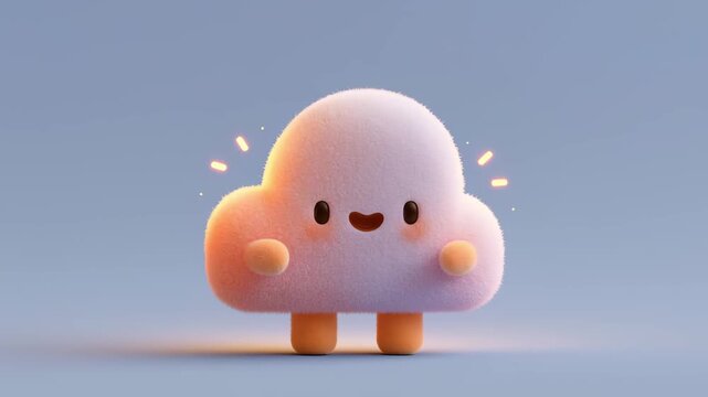 Fluffy and cute animated cloud character with a happy smiling face jumping and dancing with joy. This lovable mascot with soft texture and warm glow expresses pure happiness and cheerfulness