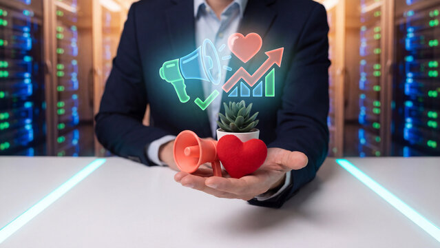 Social media marketing and customer engagement concept, businessman holding megaphone with heart and rising chart for online advertising campaign, brand loyalty, like growth and promotion