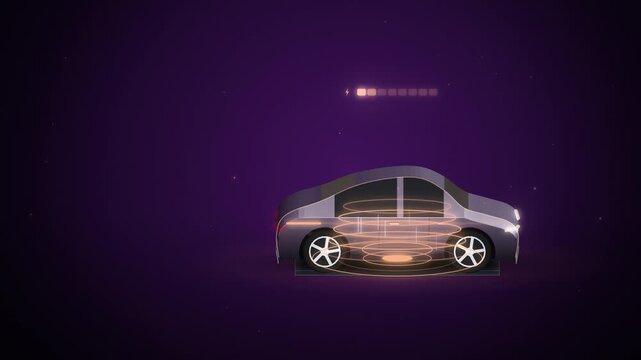 Electric car over wireless charging coil with orange glow on violet