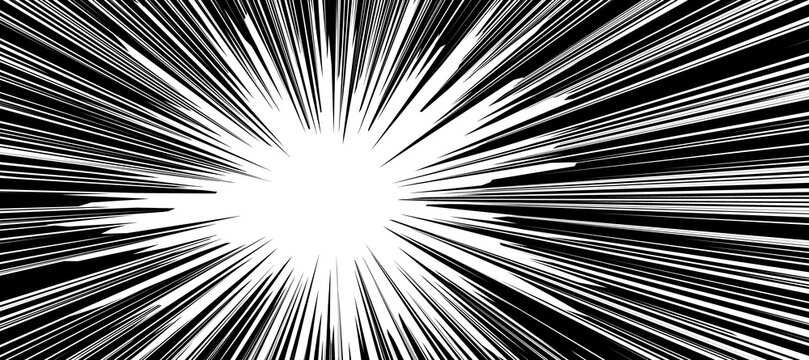 Dynamic comic book speed lines background, black and white manga action radial motion beam texture, energetic zoom burst rays effect pattern, high impact graphic design backdrop for banner