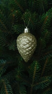 Vertical video. Preparing for winter Christmas holidays. Person hanging golden baubles on Christmas tree.