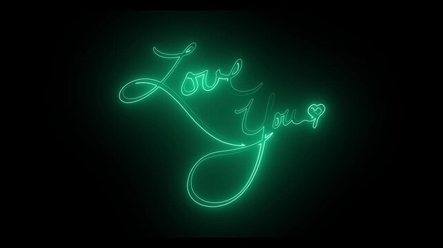 Neon green love you script sign animation, glowing romantic typography for valentine&rsquo;s day and wedding celebration backgrounds