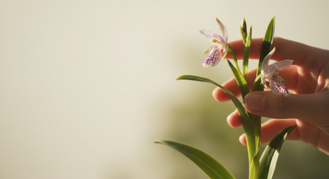 Delicate orchid flowers with purple spots held gently by a human hand against a soft, blurred background, showcasing nature's beauty and fragility