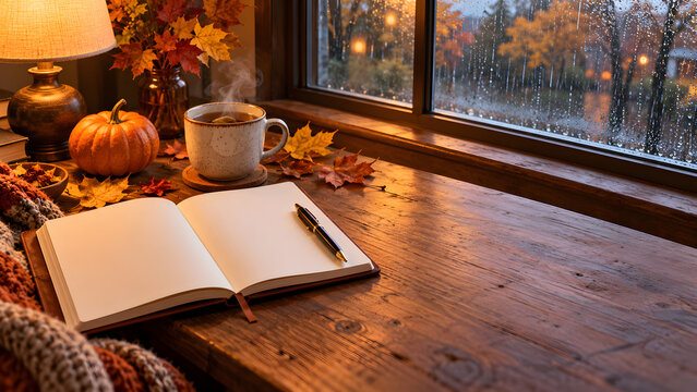 Open blank notebook with pen and steaming cup of coffee on wooden windowsill with pumpkin, maple leaves and rainy autumn view, cozy fall mood