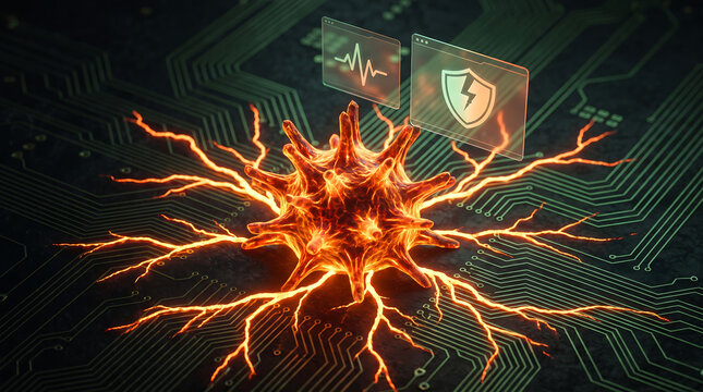 Glowing orange virus with lightning tendrils spreading across a green circuit board with antivirus shield and heartbeat panels for cybersecurity malware infection and threat concept