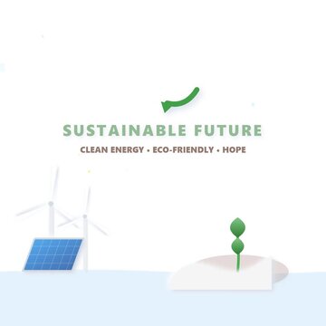 Animated neomorphic icons representing renewable energy wind turbines solar power recycling and sustainable plant growth