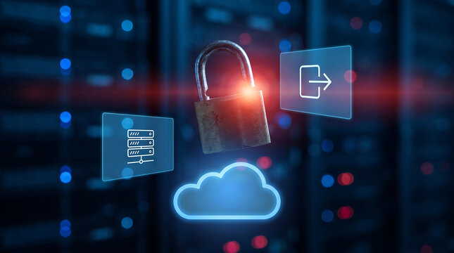 Rusty broken padlock above a glowing blue cloud icon with server and logout panels on blurred data center background for cloud security breach and data protection concept