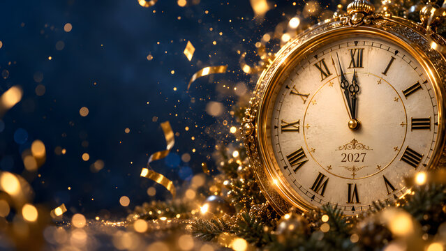 Golden vintage clock showing almost midnight with sparkling confetti and glitter bokeh on dark blue background, new year countdown