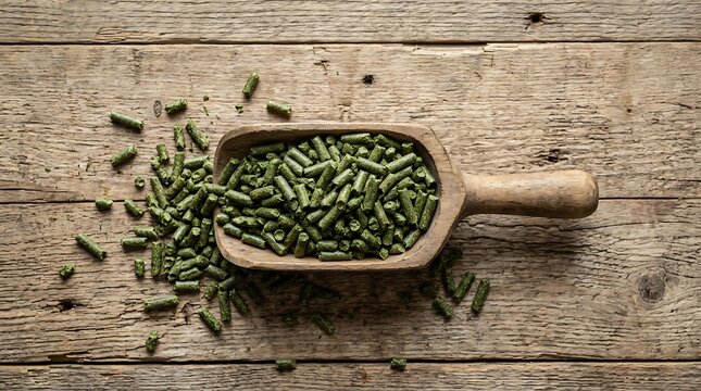 Alfalfa pellet in a wooden scoop on rustic wooden background symbolizing natural livestock feed and agriculture