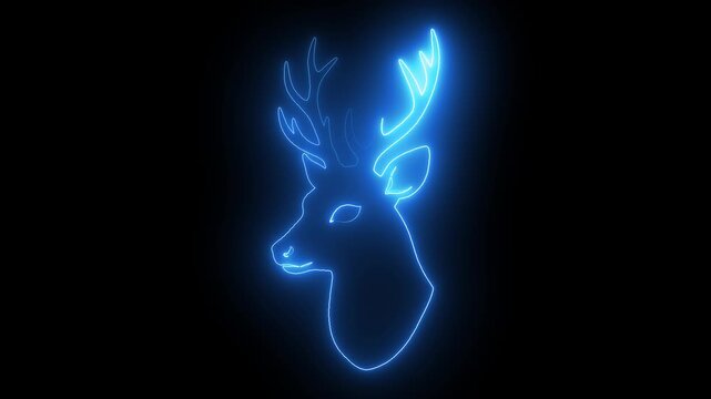 Glowing neon deer head silhouette animation, blue light stag portrait on black background