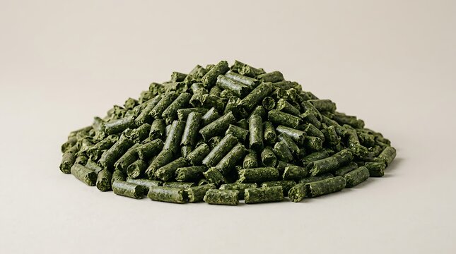A close-up view of a large pile of green alfalfa pellet animal feed isolated on a clean neutral background