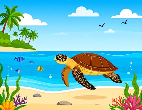 turtle moving through its natural habitat, showcasing wildlife, biodiversity, unique shell patterns, and peaceful nature.