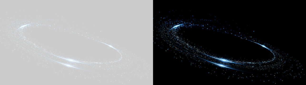 Glowing blue light ring with sparkling dust particles on transparent and black background. Swirling magic circle and glitter trail overlay effect. Futuristic luminous swirl element