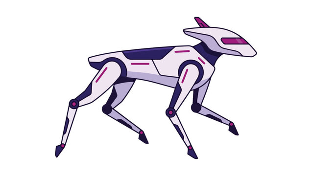 Sleek Futuristic Quadruped Robot Walking Pose Flat Vector Illustration White and Purple Robot,futuristic robot, quadruped robot, sleek robot, robot dog, four-legged robot