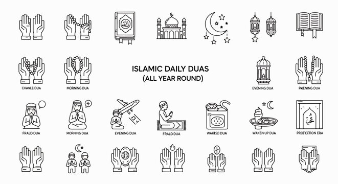 Islamic daily duas vector icons set illustration, all year round prayer and supplication symbols, muslim religion