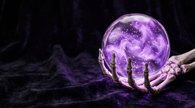 Crystal ball and skeleton hand. Glowing purple nebula inside glass sphere. Dark velvet background