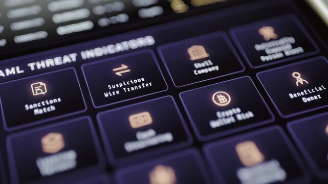AML threat indicators pulse across tiled interface