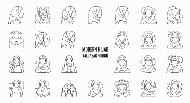 Modern hijab vector icon set. Muslim women headscarf design. Islamic fashion illustration collection for design.