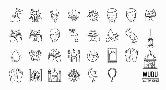 Wudu Islamic Rituals Icon Set Vector Illustration, Muslim Ablution Steps, Prayer, Mosque, Religion, Worship