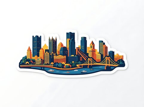 Cityscape skyline with bridge and river illustration