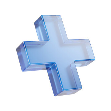 Translucent blue glass plus sign symbol on black background